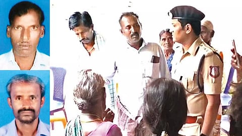 Muniyandi and Sivakumar; (right) Tiruchy police conducting an investigation