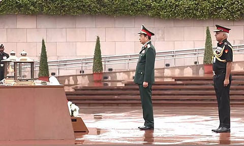Vietnamese Defence Minister General Phan Van Giang at National War Memorial in New Delhi on Monday (ANI)