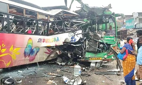 Wreckage of the buses involved in head-on collision at Melpattampakkam,