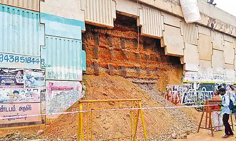 Damaged portion of the bridge at Sengipatti on Tuesday