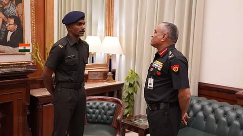 General Manoj Pande commended and felicitated Sepoy Navaneetha Krishnan D for his gallant & selfless humane act of saving the life of a girl