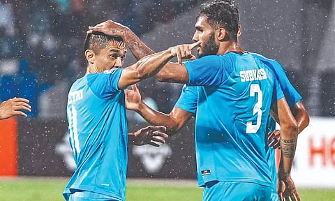 India’s Sunil Chhetri celebrates after scoring a goal against Pakistan