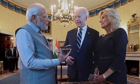 US President Joe Biden, First Lady Jill Biden, Prime Minister Narendra Modi (ANI)