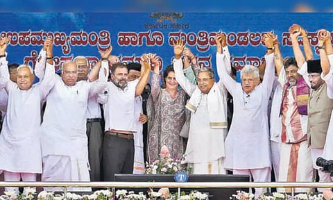 Nitish Kumar, Malikarjun Kharge, Rahul Gandhi, Siddaramaiah, and Sitaram Yachury among others in Karnataka. (PTI)