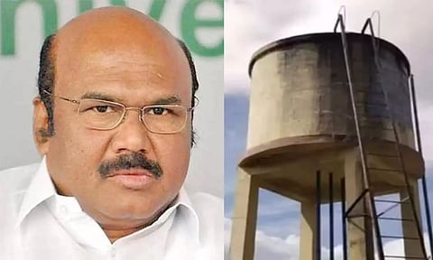 D Jayakumar (left); Overhead water tank at Vengaivayal village in which human faeces was found floating, in December 2022. (File)