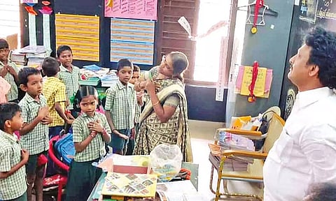 School Education Minister Anbil Mahesh Poyyamozhi inspecting a Corporation School in Coimbatore on Monday