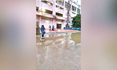 Water stagnation on road seen at the entrance of Indira Nagar MRTS station.
