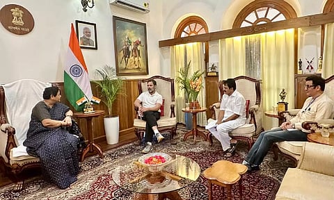 Rahul Gandhi with Manipur Governor Anusuiya Uikey in Imphal. (ANI)