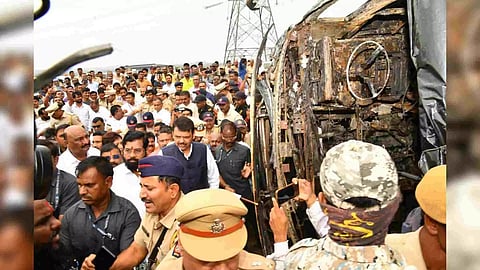 Maharashtra CM Eknath Shinde and Deputy CM Devendra Fadnavis reach the accident site on the Samruddhi Mahamarg expressway (Photo: ANI/Twitter) 