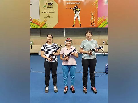 Rhythm Sangwan, Anuradha Devi and Surbhi Rao at Dr Karni SIngh Shooting range during National Selection Trials (PHOTO: ANI)