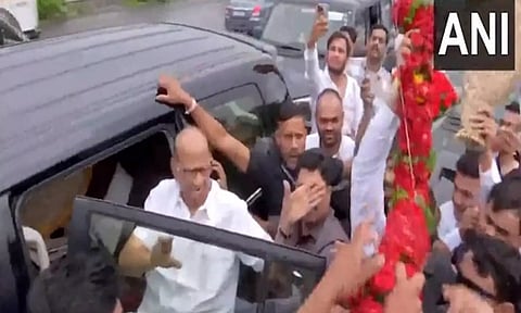 NCP chief Sharad Pawar at Khed-Shivapur toll plaza on Pune-Satara Highway.(ANI)