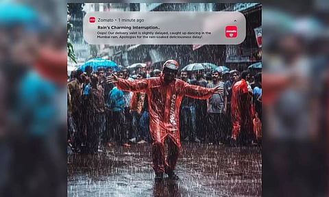 Photo created by AI of 'Zomato' staff dancing in rain