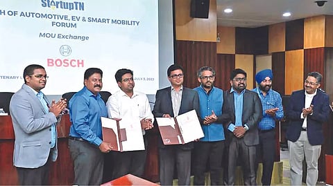 V Vishnu, MD and CEO of Guidance TN, and Sivarajah Ramanathan, Mission Director and CEO of StartupTN, during the MoU signing with officials of Bosch and Mahindra and Mahindra