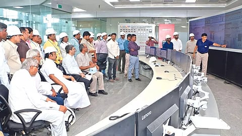 File photo of electricity minister Thangam Thennarasu and officials inspecting control and command centre