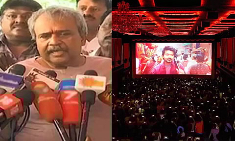 (On left) TN Film Exhibitors’ Association General Secy R Panneerselvam speaking to reporters on Tuesday.