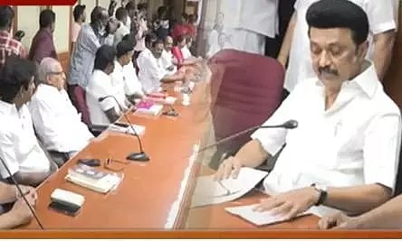 CM Stalin chairs a meeting at party headquarters on Friday (Thanthi TV Screengrab)