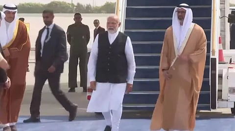 PM Modi arrives in Abu Dhabi, UAE on an official visit, to hold meeting with President Sheikh Mohamed bin Zayed Al Nahyan on key bilateral issues