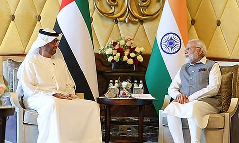 PM Modi meets the President-designate of COP28, Sultan Al Jaber in UAE. (Twitter//MEA)