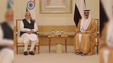 Prime Minister Narendra Modi and United Arab Emirates President and Ruler of Abu Dhabi Sheikh Mohamed bin Zayed Al Nahyan. (Photo/ANI)