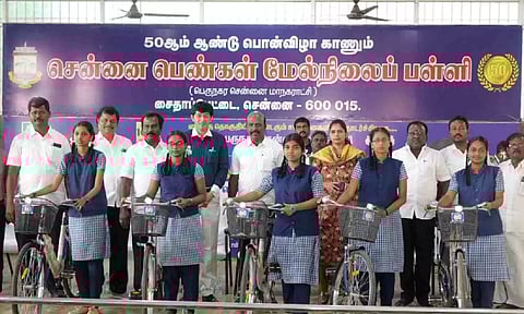 Ma Subramanian distributes free bicycle to school students