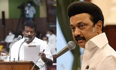  (L) Congress legislature party leader K Selvaperunthagai; Chief Minister MK Stalin(R)