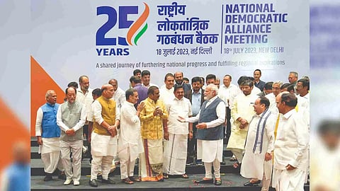 Prime Minister Narendra Modi being welcomed as he arrives to attend the NDA meeting, in New Delhi