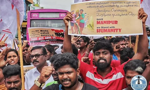 Left-leaning organisations staged a rail roko at Korukupet protesting against Manipur violence (Credits: Hemanathan M)