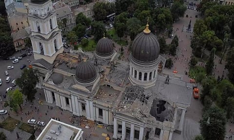 A view shows the Transfiguration Cathedral damaged by Russian missile strike, amid Russia's attack on Ukraine in Odesa