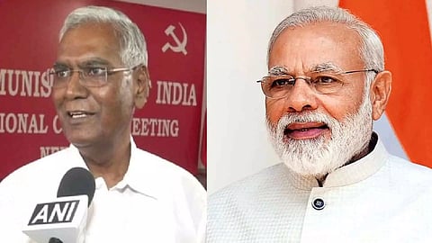 (L-R) CPI general secretary D Raja; Prime Minister Narendra Modi