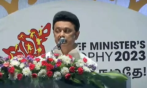 Tamil Nadu Chief Minister M K Stalin speaking at CM Trophy 2023 event. (Twitter/@mkstalin)