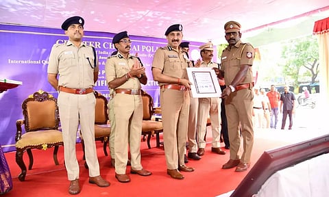 Sandeep Rai Rathore handed over ISO 9001:2015 certificates to 15 police stations in the North Zone of Chennai Police at an event held on Saturday. (Twitter/@chennaipolice_)