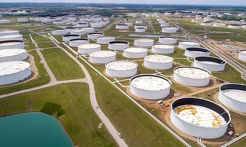 Crude oil storage tanks are seen in an aerial photograph at the Cushing oil hub in Cushing, Oklahoma, US (Reuters)