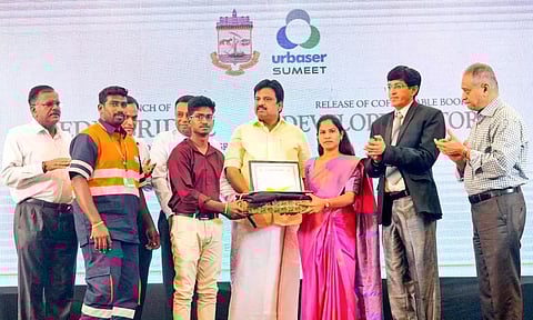 GCC Mayor R Priya presented free laptops to children of sanitation workers working in Urbaser Sumeet company (Twitter/@chennaicorp)