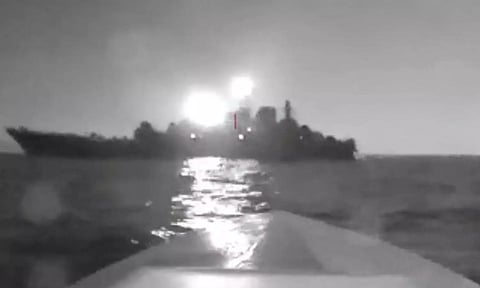 A sea drone shows the silhouette of Olenegorsky Gornyak ship near the port of Novorossiysk, Russia, in this screengrab obtained from social media video released on August 4, 2023. (Reuters)