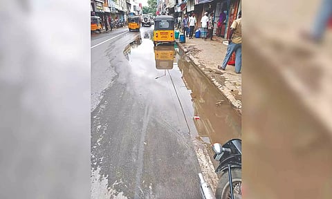 Pool of water on a road in Perambur