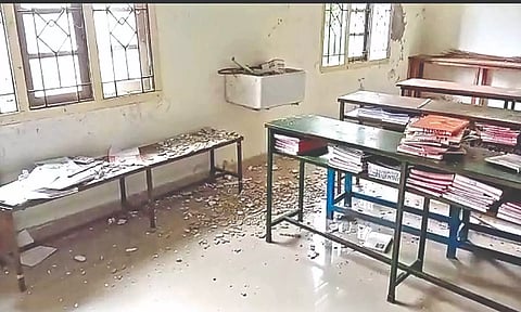 The debris of a collapsed ceiling in one of the classrooms at the Government Girl’s Higher Secondary School in Uthiramerur
