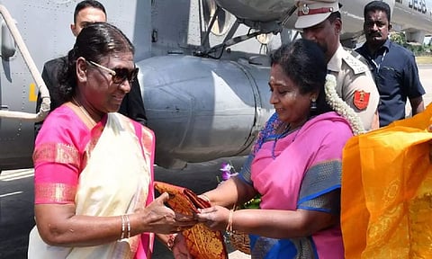 Lt Governor of Puducherry Tamilisai Soundararajan and Chief Minister N. Rangasamy received President Droupadi Murmu on her arrival at Puducherry