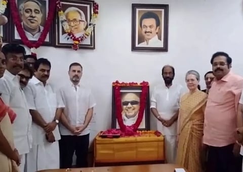 Congress leader Sonia Gandhi and Rahul Gandhi paid tributes to DMK patriarch M Karunanidhi on his fifth death anniversary in Delhi