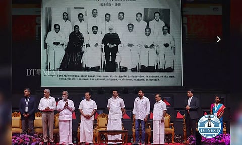 Chief Minister MK Stalin with Ministers and officials at the event to mark the first anniversary of ‘Naan Muthalvan’ scheme on Monday. (Hemanathan M)