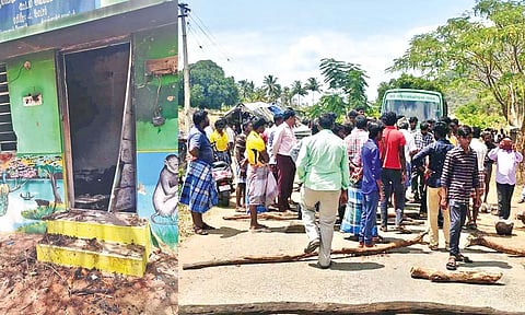 The burnt down forest check post near Anchetty in Krishnagiri (left); Angry villagers block Anchetty-Hogenakkal Road after the incident