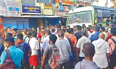 Residents block bus in Uthiramerur on Tuesday.