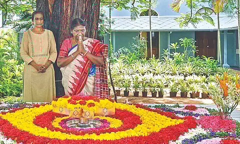 President Droupadi Murmu during her visit to Sri Aurobindo Ashram in Puducherry on Tuesday.