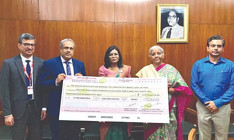 A. Manimekhalai, Managing Director & CEO of Union Bank of India handed over the dividend cheque to Finance Minister Nirmala Sitharaman on Wednesday.
