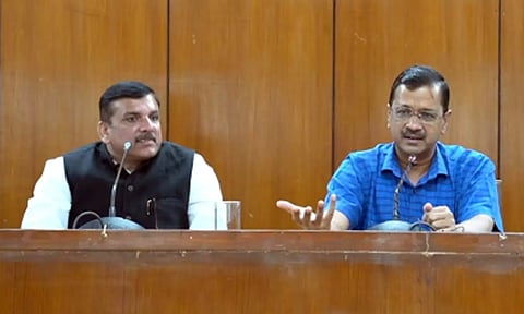 Delhi Chief Minister Arvind Kejriwal and Aam Aadmi Party's (AAP) Rajya Sabha MP Sanjay Singh.