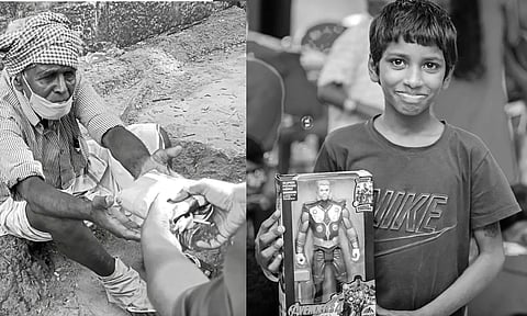 The team providing food to a homeless man1; A boy after receiving a toy under the Toy for Joy initiative