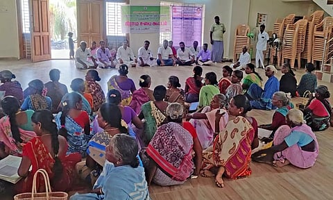 A gram sabha meet in progress at Marungapallam village panchayat in Thanjavur on Tuesday