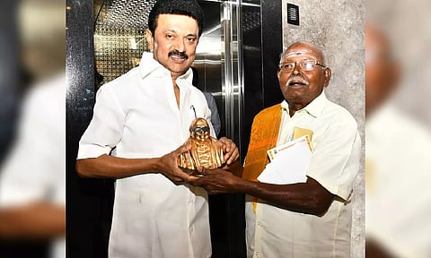 Chief Minister MK Stalin felicitating Madurai-based philanthropist Rajendran on Thursday