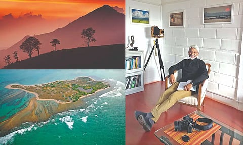 (L- top) In the Western Ghats at dusk, (L - bottom) An island off Rameswaram, (right) Iqbal Mohamed