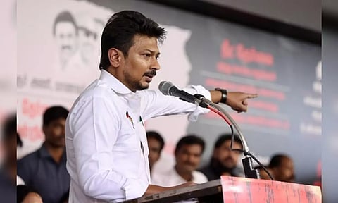 Tamil Nadu Minister for Youth Welfare and Sports Development Udhayanidhi Stalin speaking at the State-wide hunger strike over the NEET issue in Chennai. (IANS)