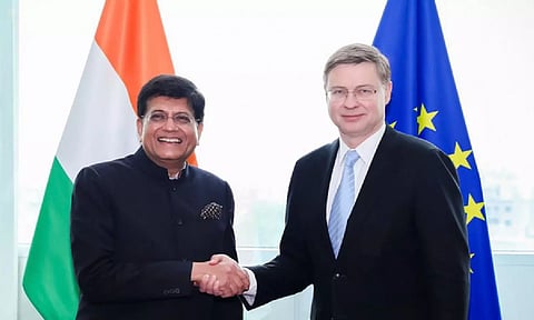 Commerce Minister Piyush Goyal and European Commission Executive Vice President Valdis Dombrovskis